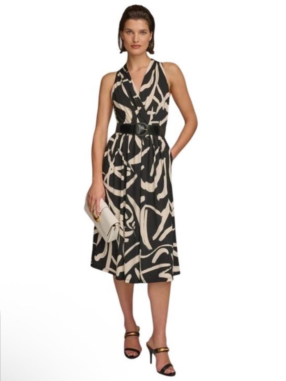Donna Karan Black White Abstract Print Belted V Neck Sleeveless Midi Dress